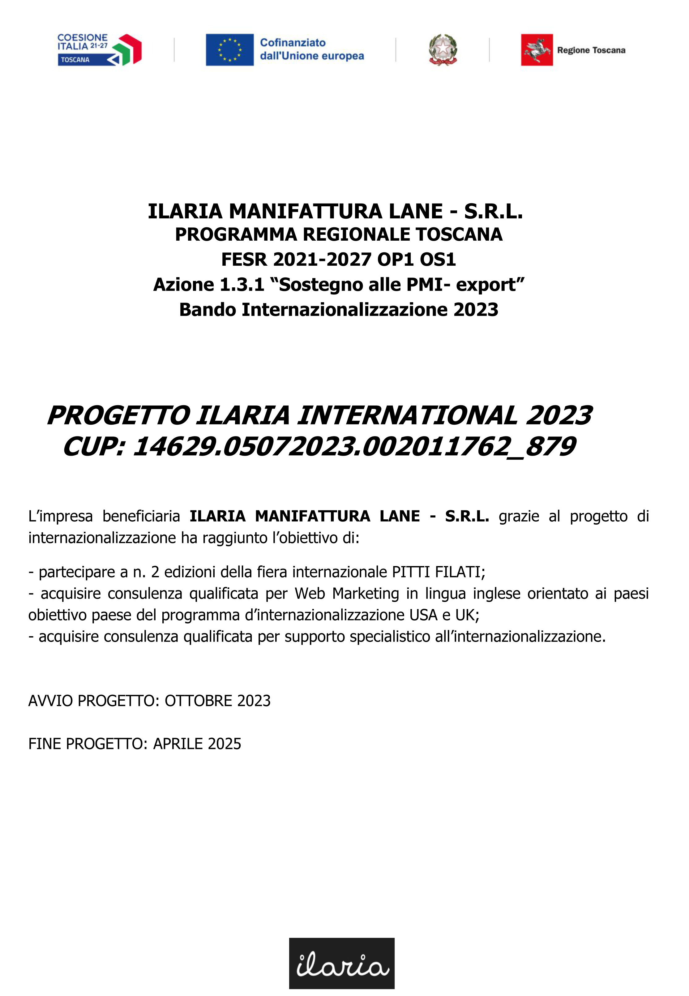Bando Internazionalizzazione 2023 - PROGRAMMA REGIONALE TOSCANA FESR 2021-2027 OP1 OS1