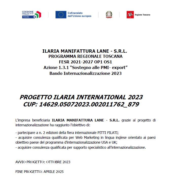 PROGETTO ILARIA INTERNATIONAL 2023 -  PROGRAMMA REGIONALE TOSCANA FESR 2021-2027 OP1 OS1